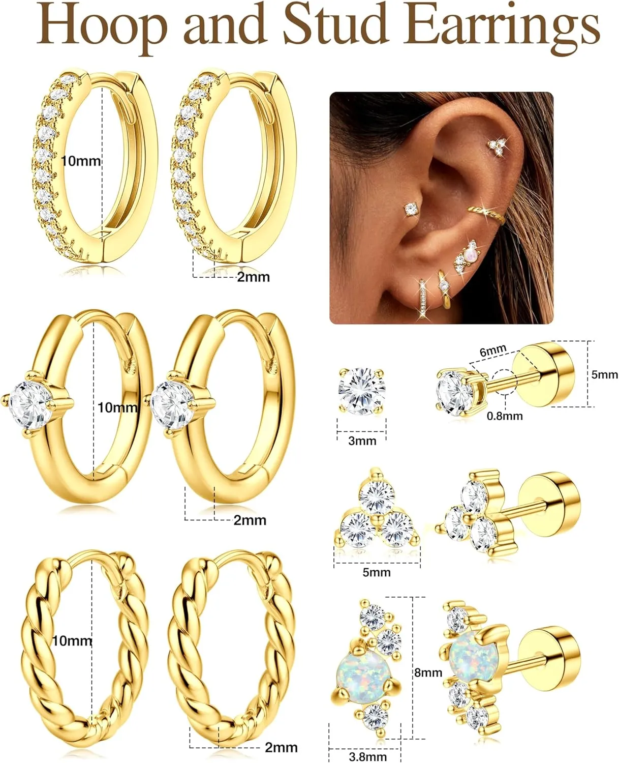 Florideco Small Gold Hoop Earrings 14K Gold Plated Hypoallergenic Flat Back Earrings Surgical Stainless Steel Cartilage Earring Sets for Multiple Piercing Trendy Earring Stacks Flatback Stud Earrings