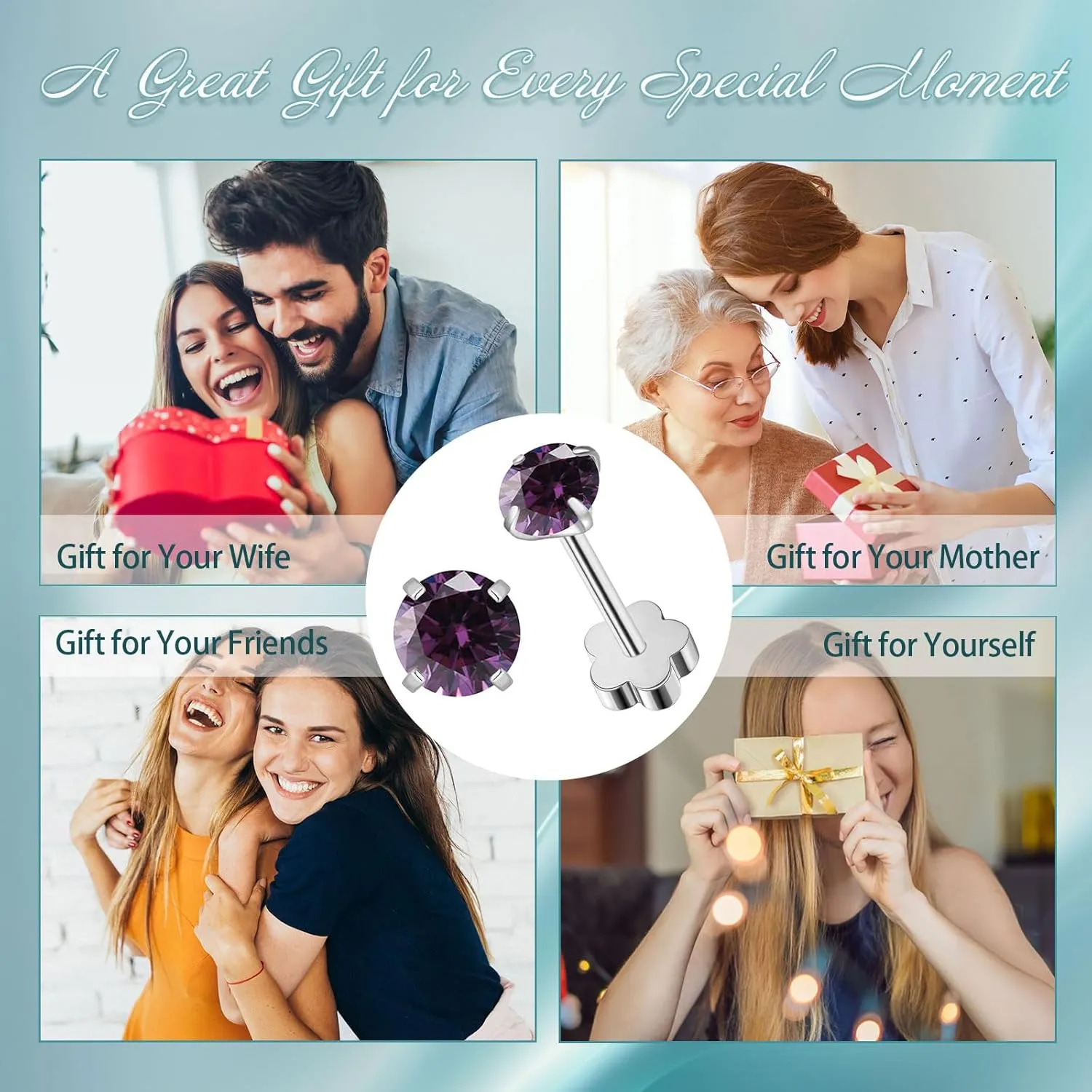 Flower Screw Back Birthstone Stud Earrings for Women Girls, 3mm G23 Tiny CZ Flat Back Stud Earrings, Screw Back Helix Earrings (Silver, 2.Feb-Amethyst)
