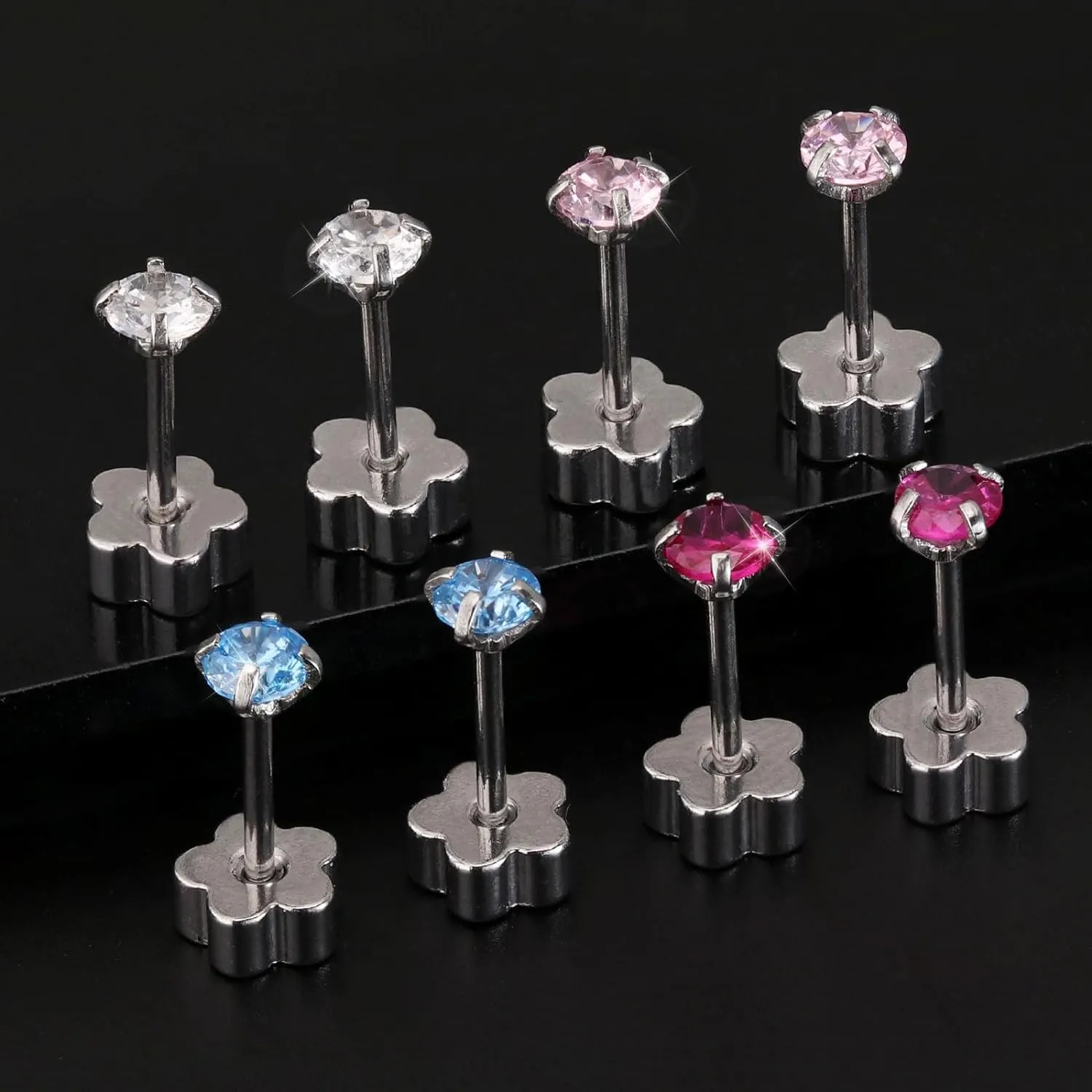 Flower Screw Back Birthstone Stud Earrings for Women Girls, 3mm G23 Tiny CZ Flat Back Stud Earrings, Screw Back Helix Earrings (Silver, 2.Feb-Amethyst)