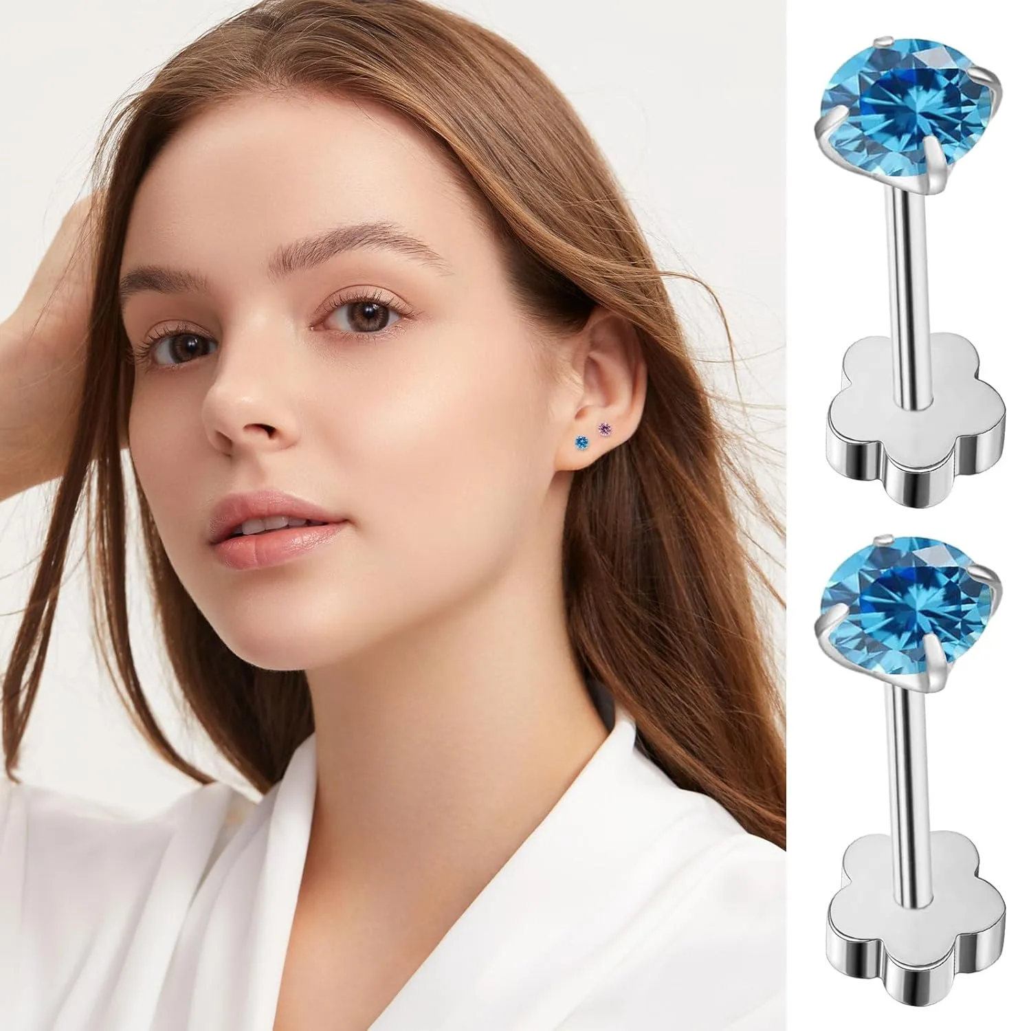 Flower Screw Back Birthstone Stud Earrings for Women Girls, 3mm G23 Tiny CZ Flat Back Stud Earrings, Screw Back Helix Earrings (Silver, 2.Feb-Amethyst)