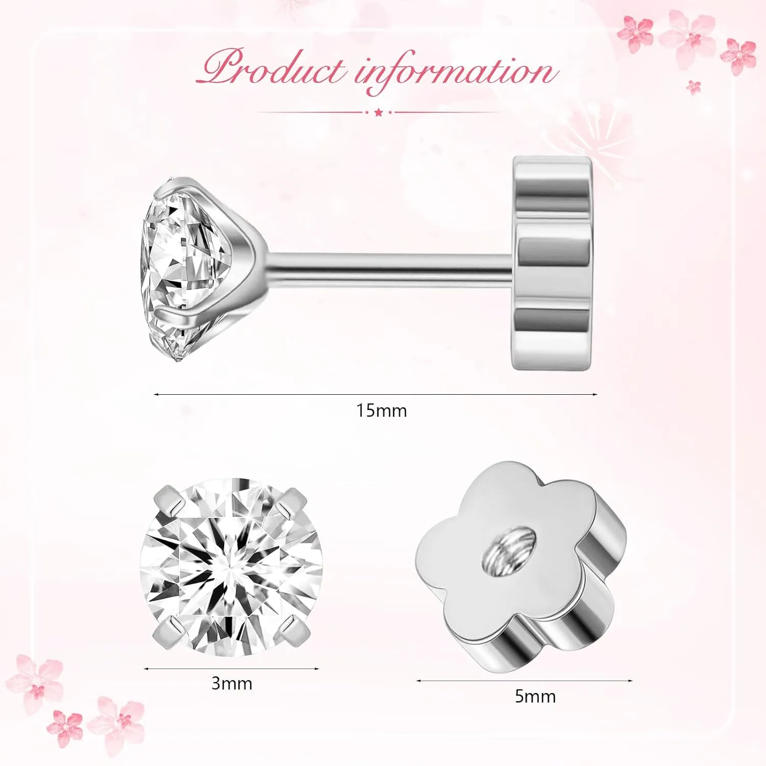 Flower Screw Back Birthstone Stud Earrings for Women Girls, 3mm G23 Tiny CZ Flat Back Stud Earrings, Screw Back Helix Earrings (Silver, 2.Feb-Amethyst)