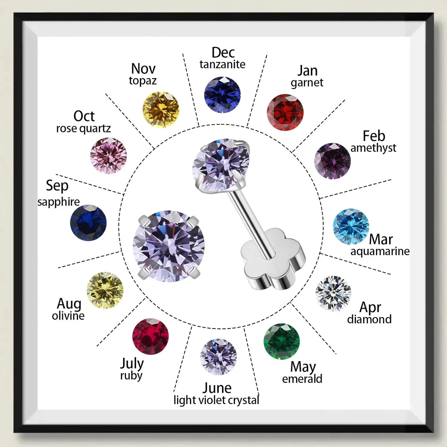 Flower Screw Back Birthstone Stud Earrings for Women Girls, 3mm G23 Tiny CZ Flat Back Stud Earrings, Screw Back Helix Earrings (Silver, 2.Feb-Amethyst)