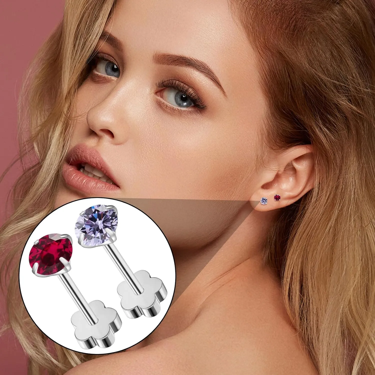 Flower Screw Back Birthstone Stud Earrings for Women Girls, 3mm G23 Tiny CZ Flat Back Stud Earrings, Screw Back Helix Earrings (Silver, 2.Feb-Amethyst)