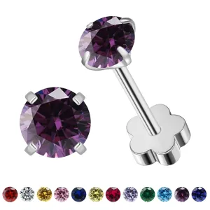 Flower Screw Back Birthstone Stud Earrings for Women Girls, 3mm G23 Tiny CZ Flat Back Stud Earrings, Screw Back Helix Earrings (Silver, 2.Feb-Amethyst)