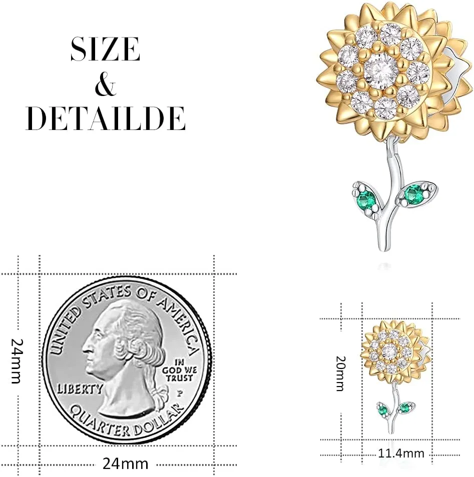 FOREVER QUEEN Rose Flower Charm I love you Pansy Flower Sunflower Dangle Charms Cubic Zircon 925 Sterling Silver 3D Rose Gold Pendant Charms for Bracelet Necklace for Women Girls
