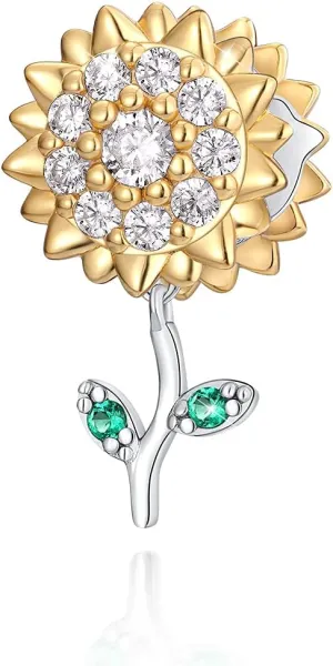 FOREVER QUEEN Rose Flower Charm I love you Pansy Flower Sunflower Dangle Charms Cubic Zircon 925 Sterling Silver 3D Rose Gold Pendant Charms for Bracelet Necklace for Women Girls