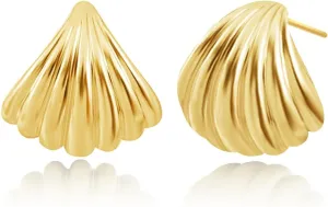 Free bird 14K Gold Plated Chunky Earrings for Women Trendy Gold Shell Earrings Textured Minimalist 925 Sterling Silver Post Chunky Gold Earrings