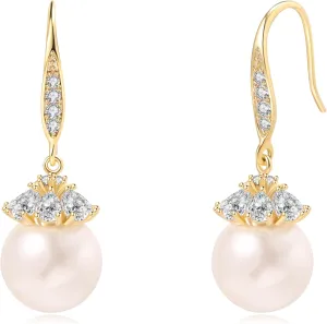 Fresh Water Pearls CZ Dangling 14K Gold Plated Hoop Earrings for Women
