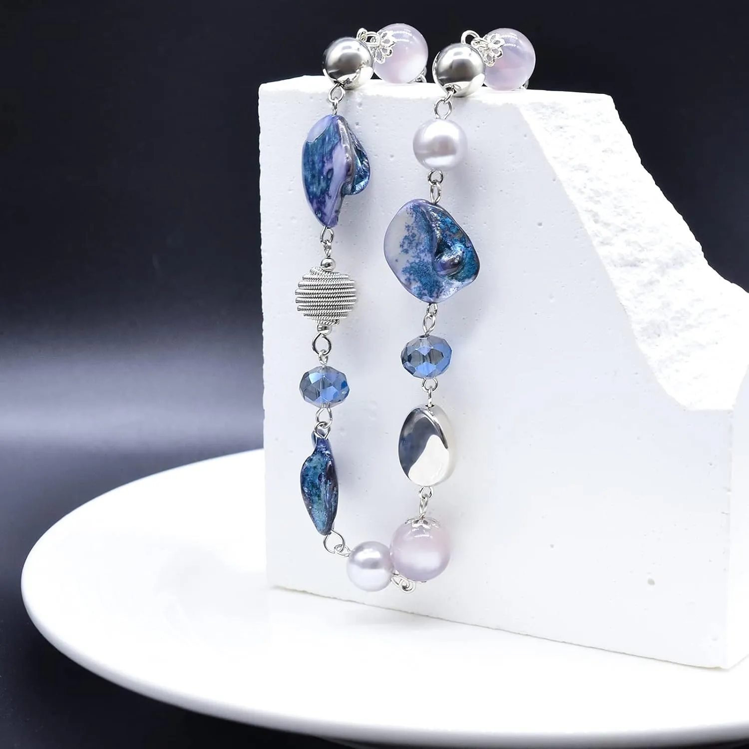 FULU AUTUMN Long Beaded Necklaces for Women Silver Link Chain Necklace with Shell Crystal Beads, Party Gifts for Her