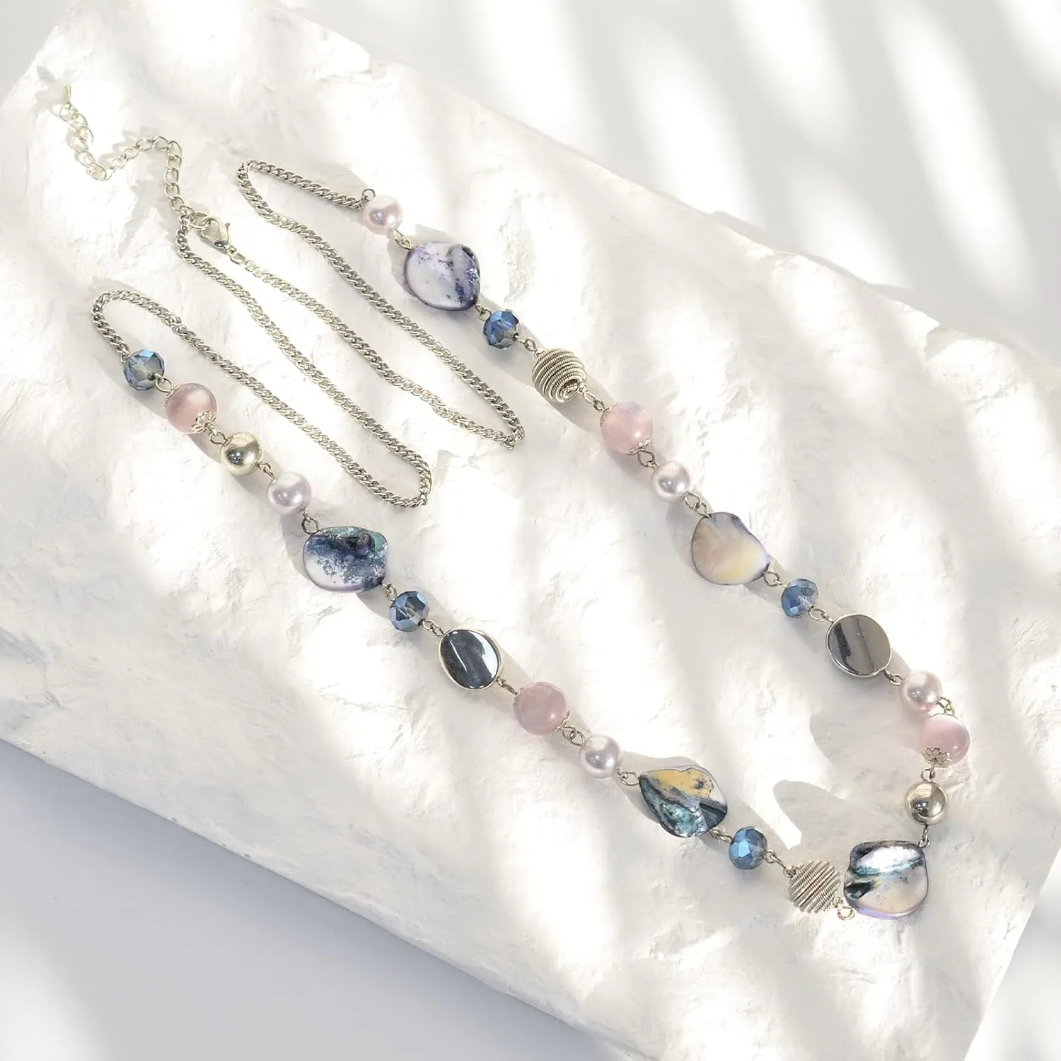 FULU AUTUMN Long Beaded Necklaces for Women Silver Link Chain Necklace with Shell Crystal Beads, Party Gifts for Her