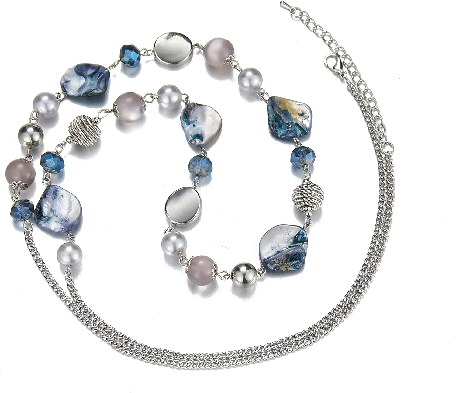 FULU AUTUMN Long Beaded Necklaces for Women Silver Link Chain Necklace with Shell Crystal Beads, Party Gifts for Her