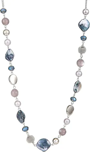 FULU AUTUMN Long Beaded Necklaces for Women Silver Link Chain Necklace with Shell Crystal Beads, Party Gifts for Her