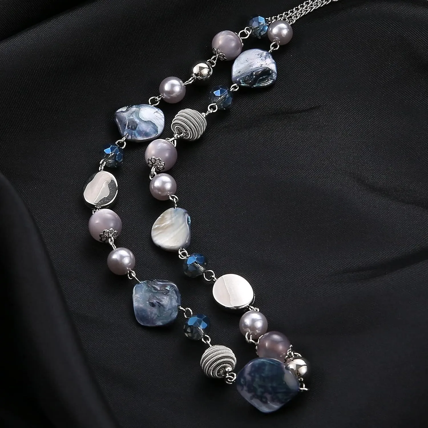FULU AUTUMN Long Beaded Necklaces for Women Silver Link Chain Necklace with Shell Crystal Beads, Party Gifts for Her