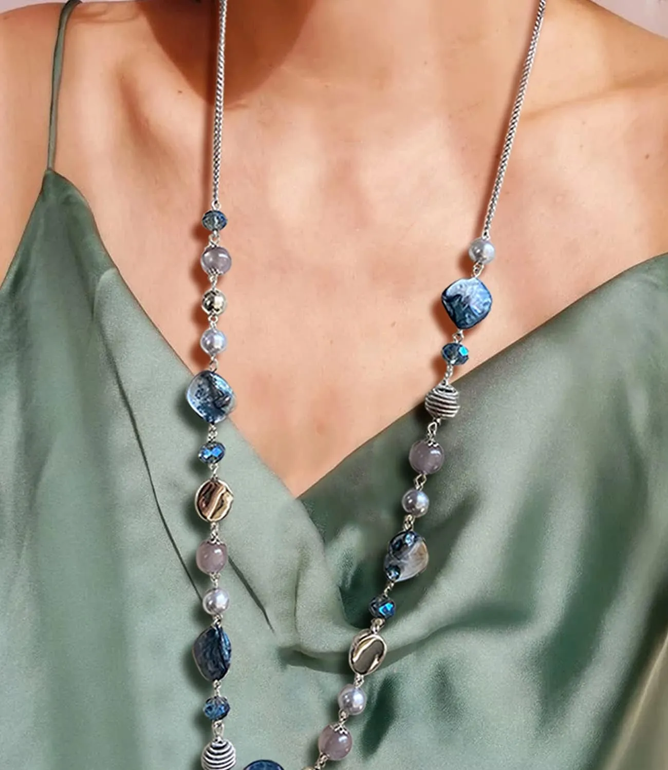 FULU AUTUMN Long Beaded Necklaces for Women Silver Link Chain Necklace with Shell Crystal Beads, Party Gifts for Her