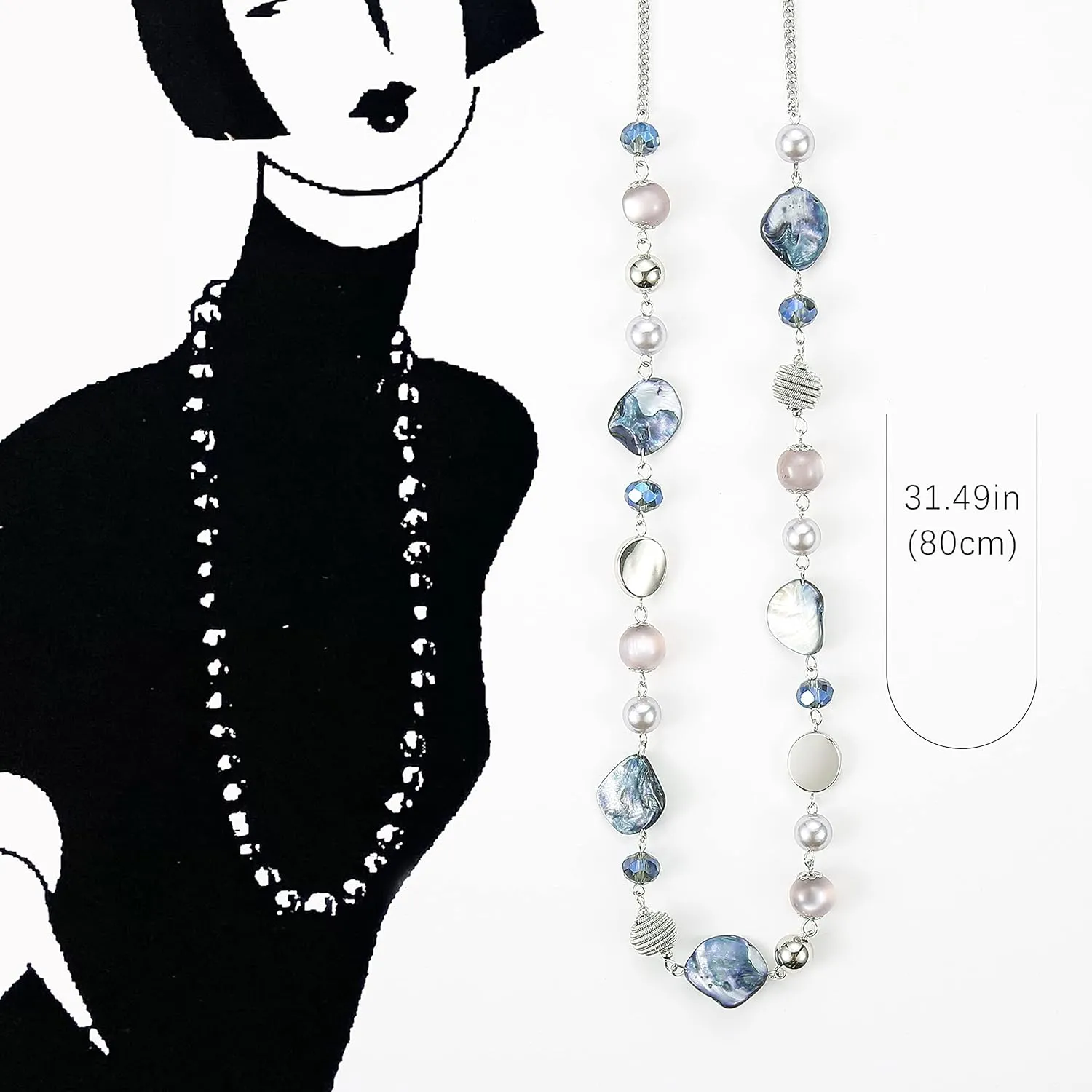 FULU AUTUMN Long Beaded Necklaces for Women Silver Link Chain Necklace with Shell Crystal Beads, Party Gifts for Her