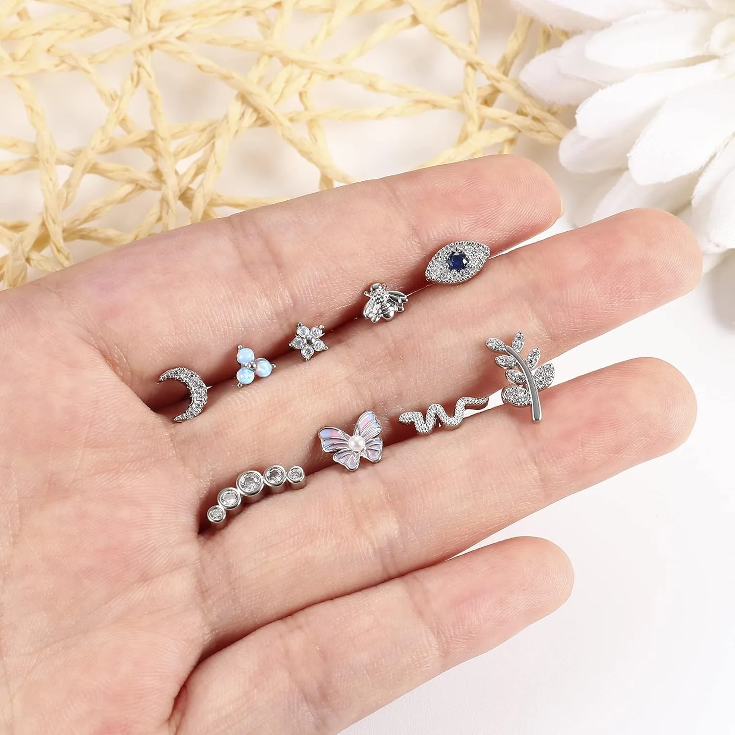 FUNRUN JEWELRY 9Pcs 16 G Cartilage Earrings Stud for Women Stainless Steel Top Screw Flat Back Earrings Butterfly Moon Flower CZ Cartilage Earrings Helix Tragus Piercing Jewelry