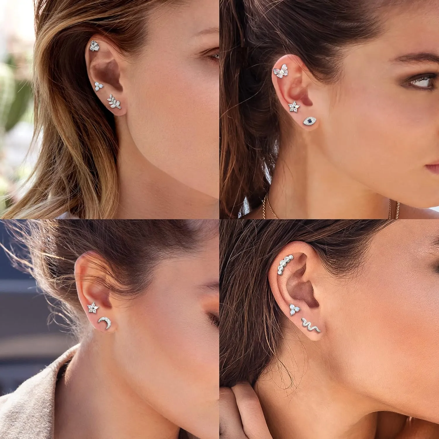FUNRUN JEWELRY 9Pcs 16 G Cartilage Earrings Stud for Women Stainless Steel Top Screw Flat Back Earrings Butterfly Moon Flower CZ Cartilage Earrings Helix Tragus Piercing Jewelry