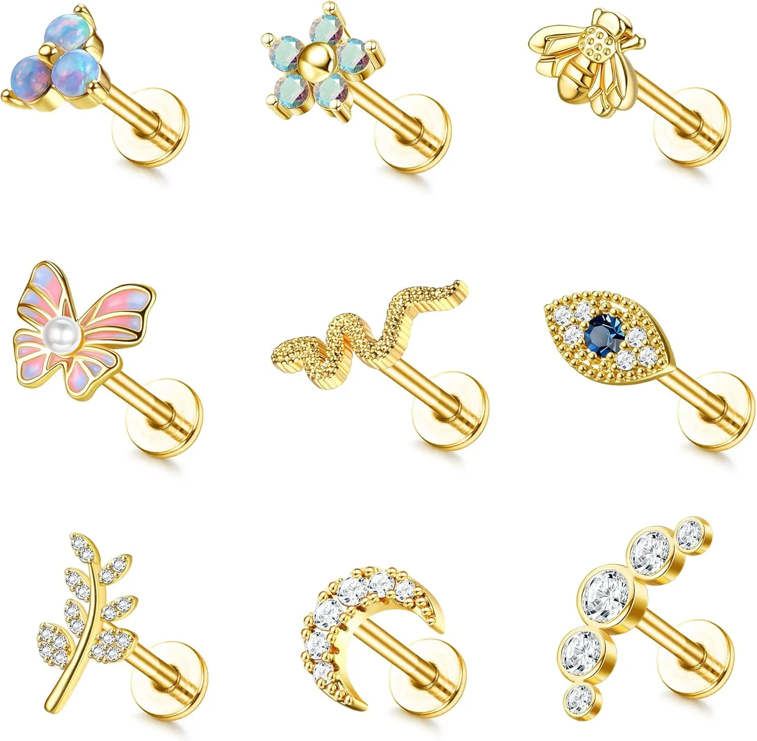 FUNRUN JEWELRY 9Pcs 16 G Cartilage Earrings Stud for Women Stainless Steel Top Screw Flat Back Earrings Butterfly Moon Flower CZ Cartilage Earrings Helix Tragus Piercing Jewelry