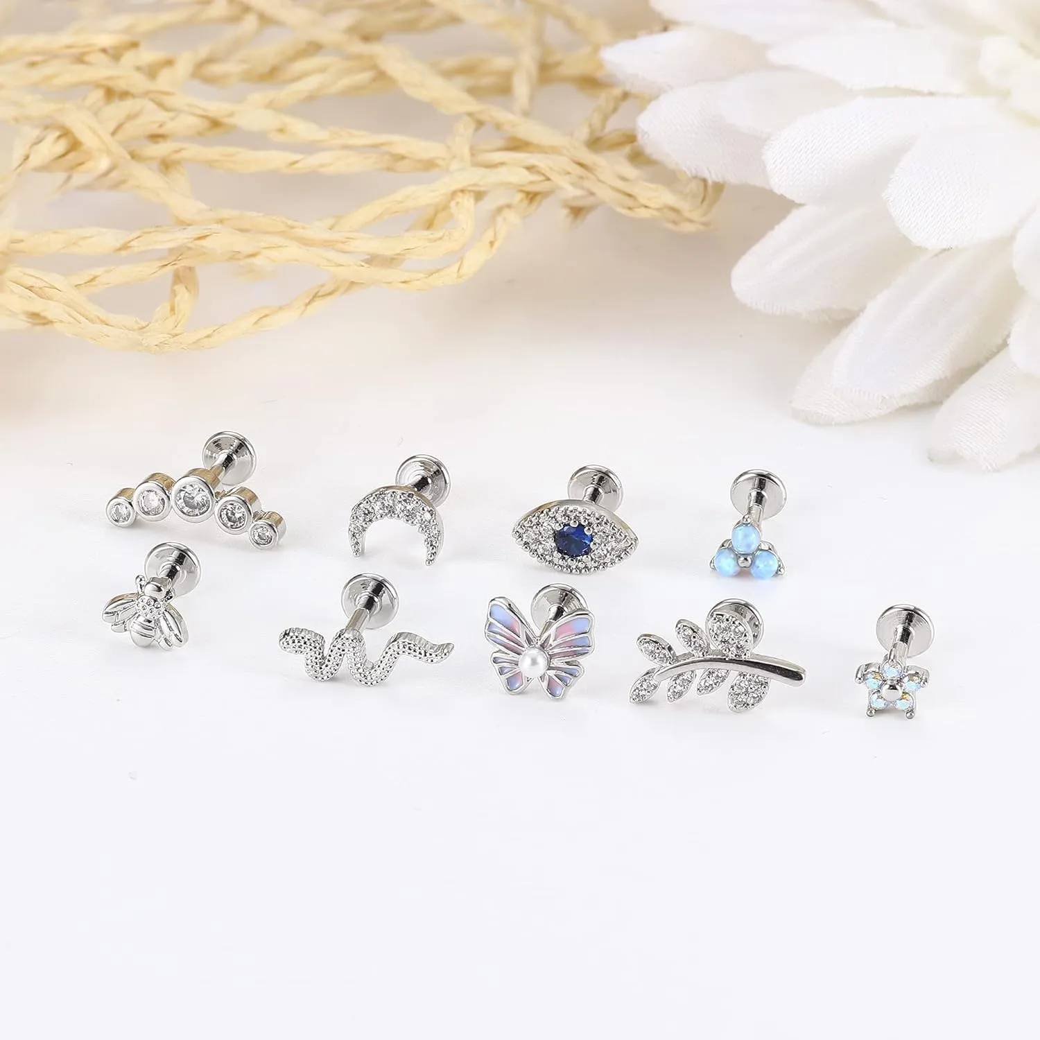 FUNRUN JEWELRY 9Pcs 16 G Cartilage Earrings Stud for Women Stainless Steel Top Screw Flat Back Earrings Butterfly Moon Flower CZ Cartilage Earrings Helix Tragus Piercing Jewelry