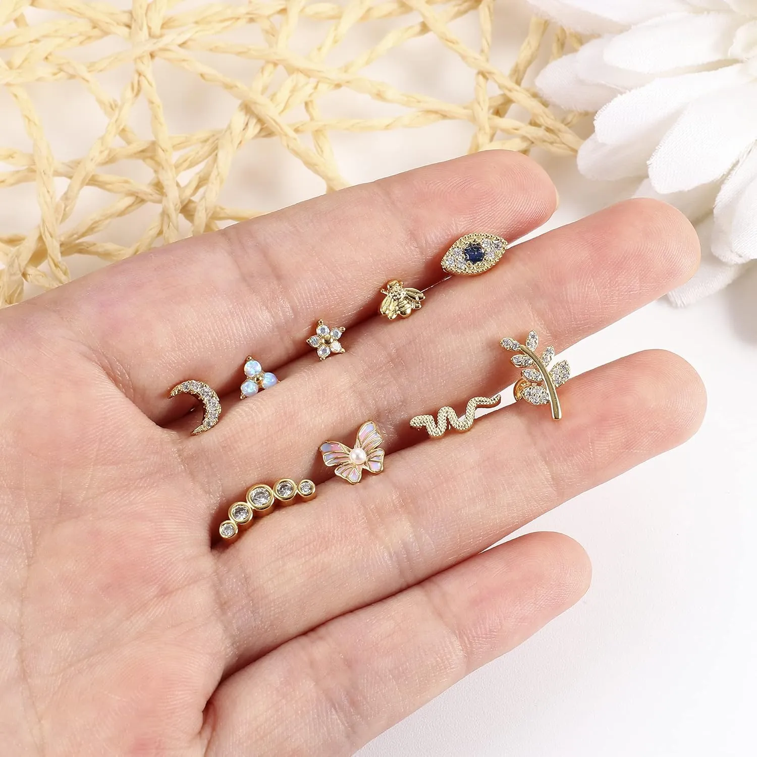 FUNRUN JEWELRY 9Pcs 16 G Cartilage Earrings Stud for Women Stainless Steel Top Screw Flat Back Earrings Butterfly Moon Flower CZ Cartilage Earrings Helix Tragus Piercing Jewelry