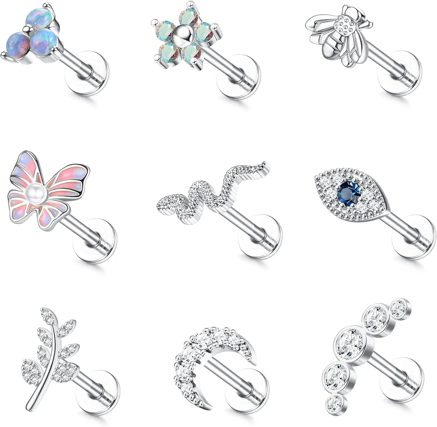 FUNRUN JEWELRY 9Pcs 16 G Cartilage Earrings Stud for Women Stainless Steel Top Screw Flat Back Earrings Butterfly Moon Flower CZ Cartilage Earrings Helix Tragus Piercing Jewelry