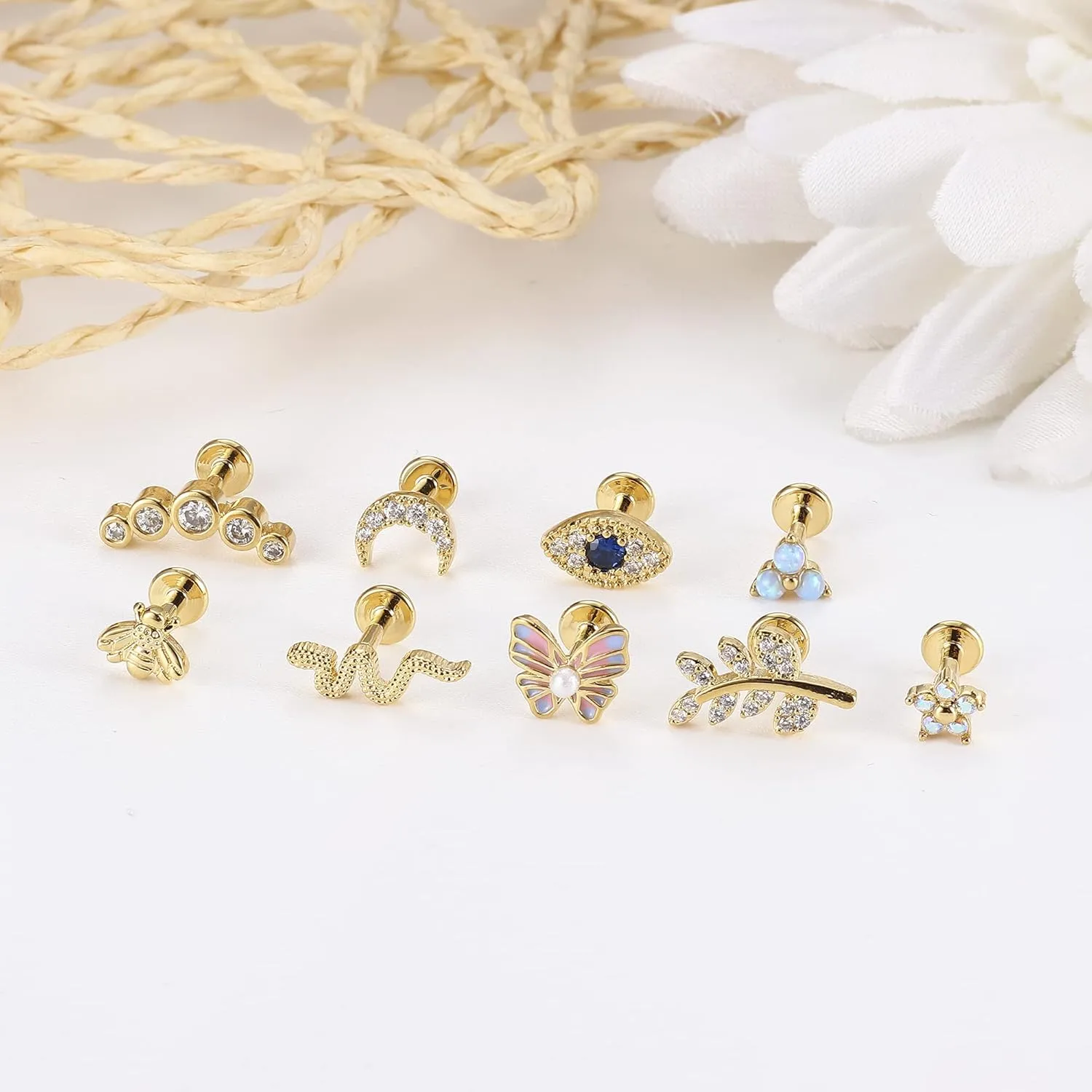 FUNRUN JEWELRY 9Pcs 16 G Cartilage Earrings Stud for Women Stainless Steel Top Screw Flat Back Earrings Butterfly Moon Flower CZ Cartilage Earrings Helix Tragus Piercing Jewelry
