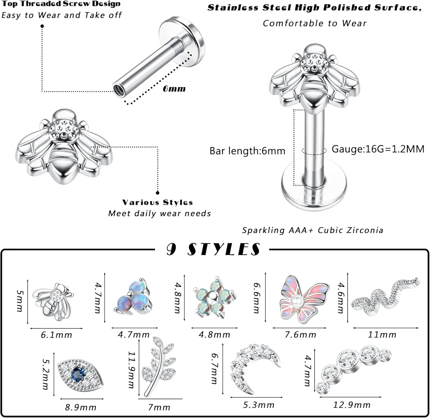 FUNRUN JEWELRY 9Pcs 16 G Cartilage Earrings Stud for Women Stainless Steel Top Screw Flat Back Earrings Butterfly Moon Flower CZ Cartilage Earrings Helix Tragus Piercing Jewelry