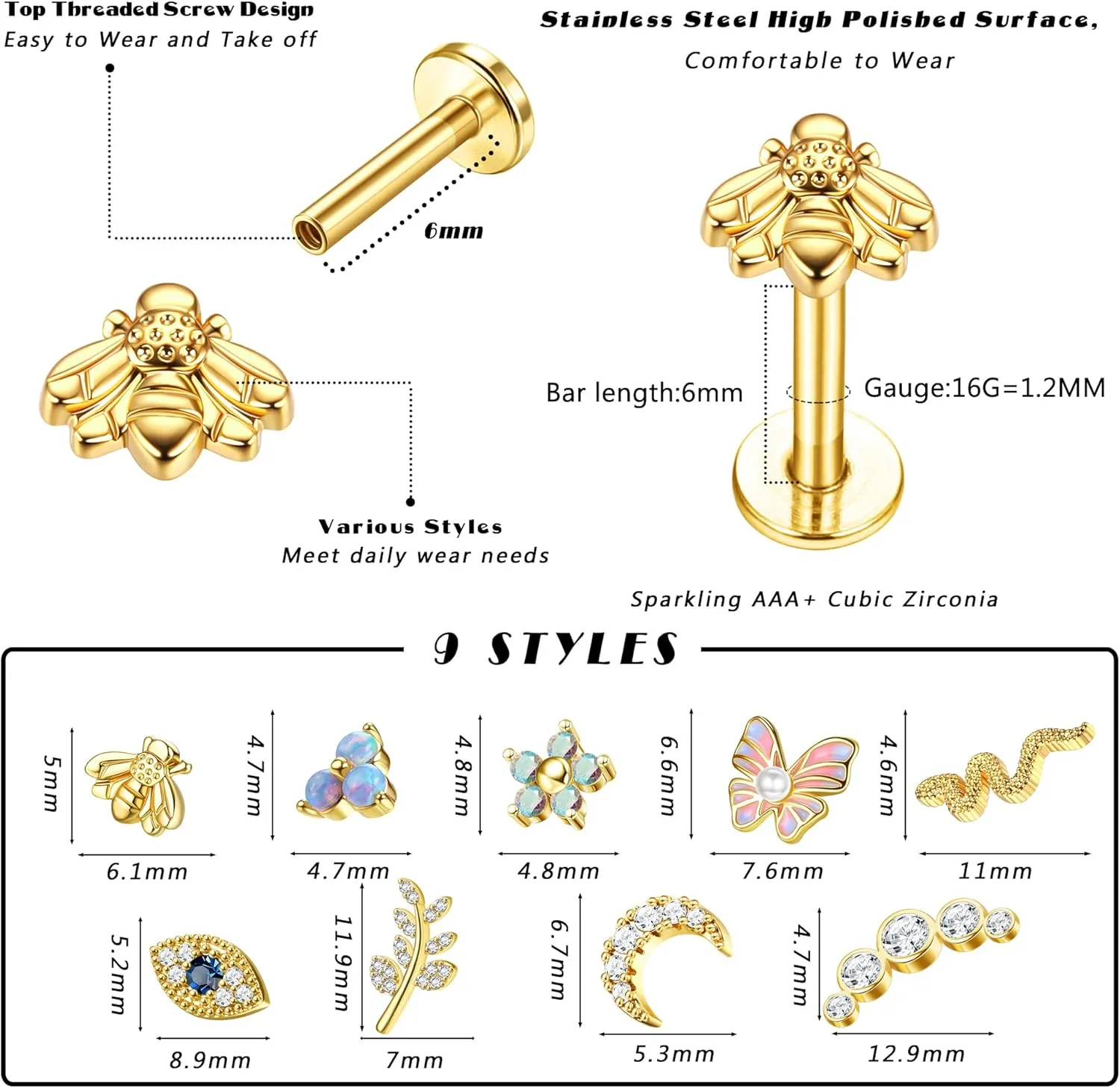 FUNRUN JEWELRY 9Pcs 16 G Cartilage Earrings Stud for Women Stainless Steel Top Screw Flat Back Earrings Butterfly Moon Flower CZ Cartilage Earrings Helix Tragus Piercing Jewelry