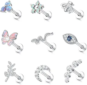 FUNRUN JEWELRY 9Pcs 16 G Cartilage Earrings Stud for Women Stainless Steel Top Screw Flat Back Earrings Butterfly Moon Flower CZ Cartilage Earrings Helix Tragus Piercing Jewelry