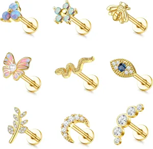 FUNRUN JEWELRY 9Pcs 16 G Cartilage Earrings Stud for Women Stainless Steel Top Screw Flat Back Earrings Butterfly Moon Flower CZ Cartilage Earrings Helix Tragus Piercing Jewelry