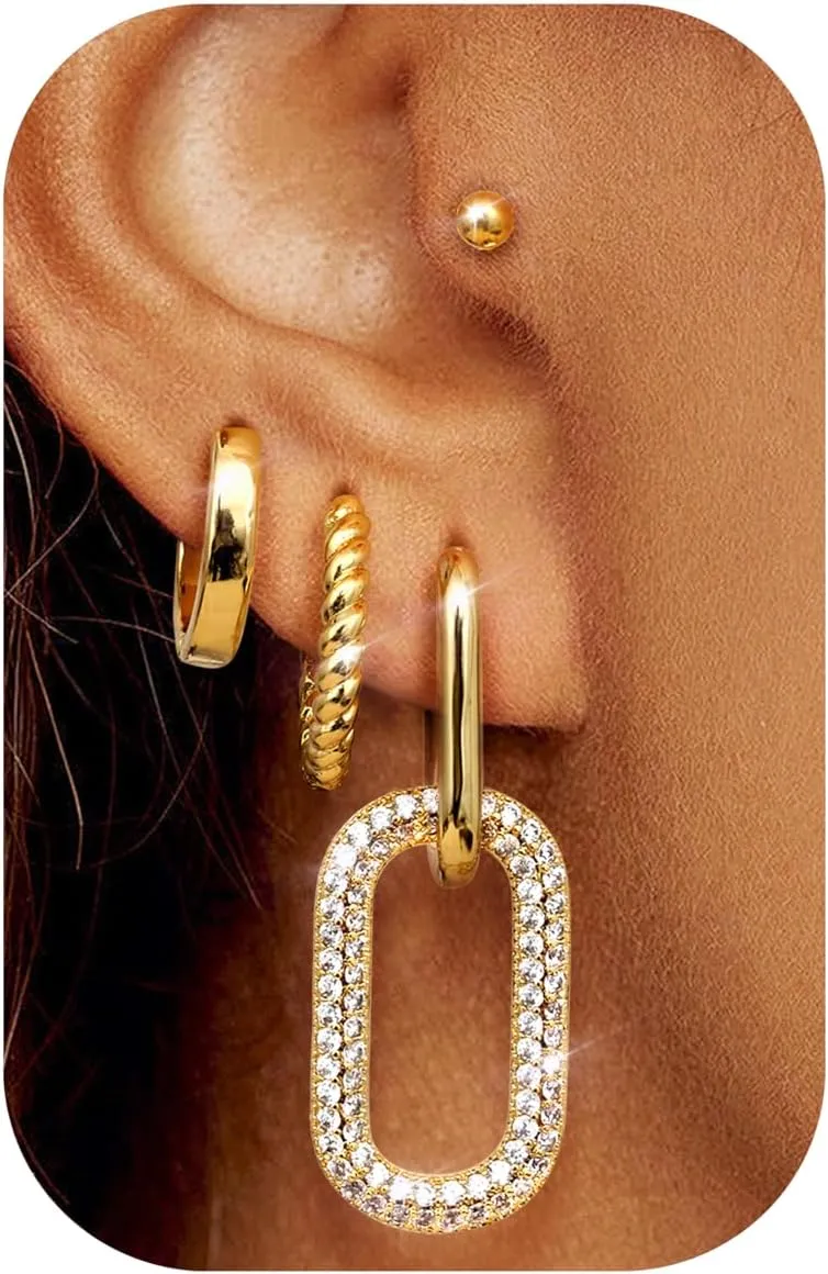 FUNRUN JEWELRY Small Gold Hoop Earrings for Women 14K Gold Plated Dainty Stud Earrings Dangle Cartilage Huggie Hoops Earring Set Hypoallergenic Earring Sets for Multiple Piercing 4 Pairs