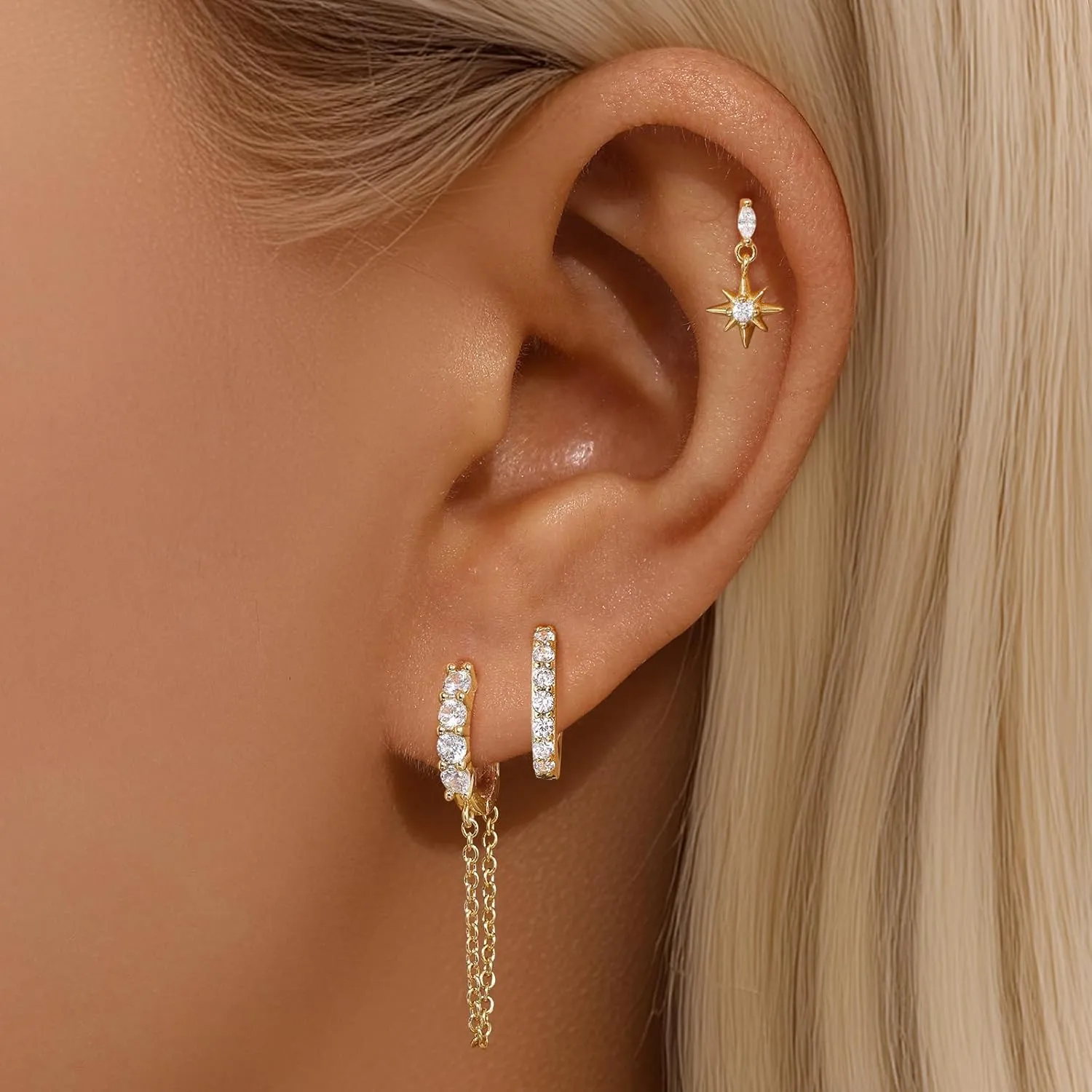 GEORGE  SMITH 925 Sterling Silver Hoop Earrings for Women, 14K Gold Plated Marquise Chain Drop Earrings Hoop for Women Teens Huggie Hoop Dangle Earrings Chain, Windmill shaped rotatable