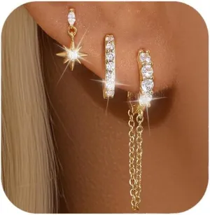 GEORGE  SMITH 925 Sterling Silver Hoop Earrings for Women, 14K Gold Plated Marquise Chain Drop Earrings Hoop for Women Teens Huggie Hoop Dangle Earrings Chain, Windmill shaped rotatable