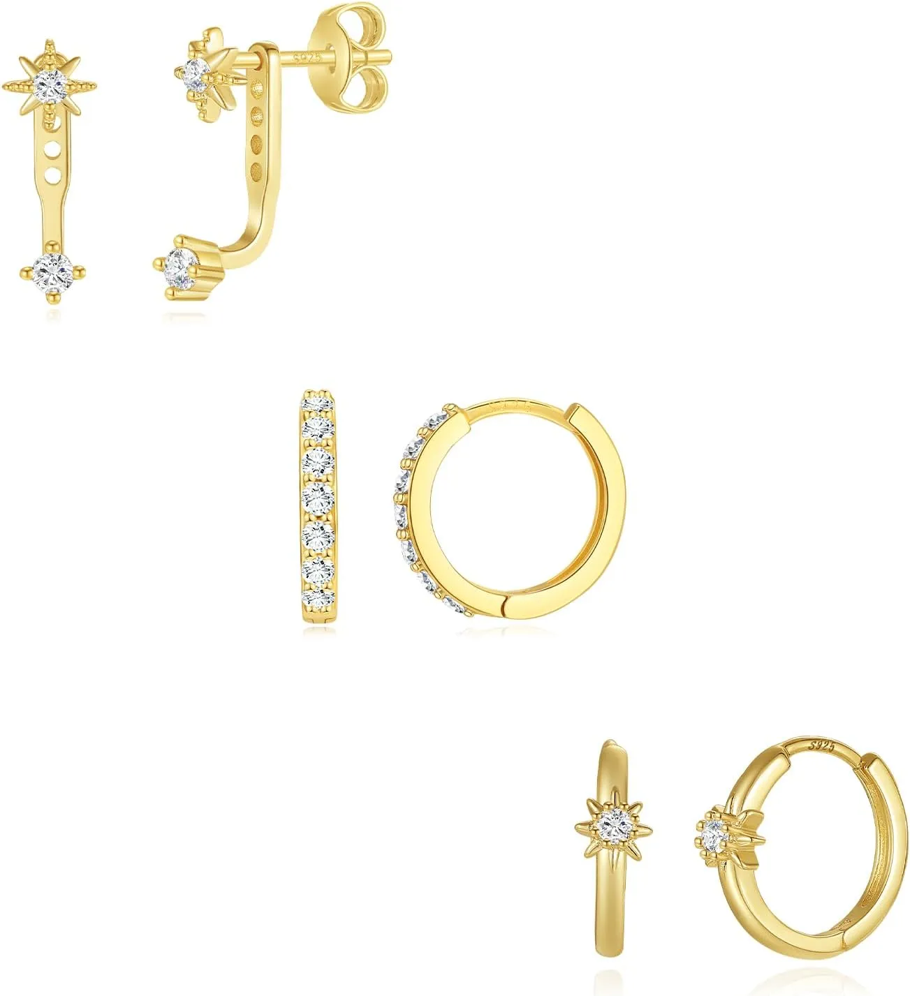 GEORGE  SMITH Sterling Silver Star Earrings for Women, 14K Gold Huggie Hoop Earring Sets for Multiple Piercing, Hypoallergenic Star Stud Set Earrings Stacks for Women Trendy Jewelry