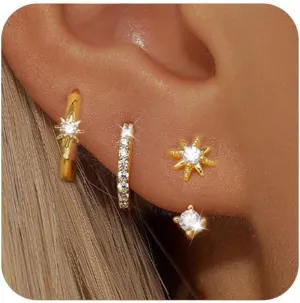 GEORGE  SMITH Sterling Silver Star Earrings for Women, 14K Gold Huggie Hoop Earring Sets for Multiple Piercing, Hypoallergenic Star Stud Set Earrings Stacks for Women Trendy Jewelry