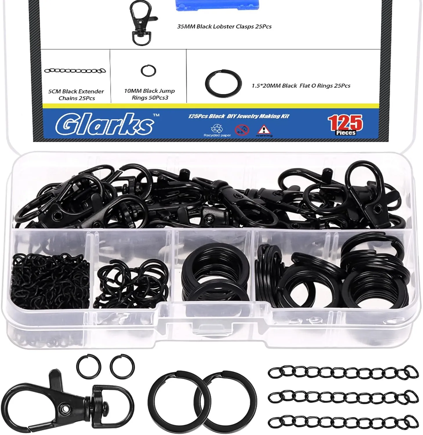 Glarks 125pcs Black Keychain Making Kit, Keychain Craft Supplies Including Key Chain Clips with Chains, Lobster Claw Clasps, Key Rings and Jump Rings for Jewelry Craft Making
