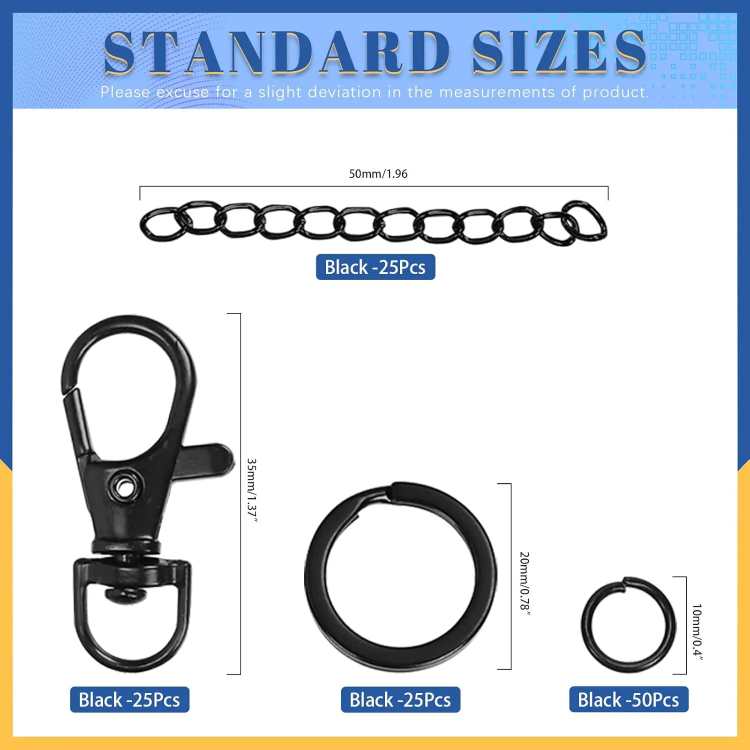 Glarks 125pcs Black Keychain Making Kit, Keychain Craft Supplies Including Key Chain Clips with Chains, Lobster Claw Clasps, Key Rings and Jump Rings for Jewelry Craft Making
