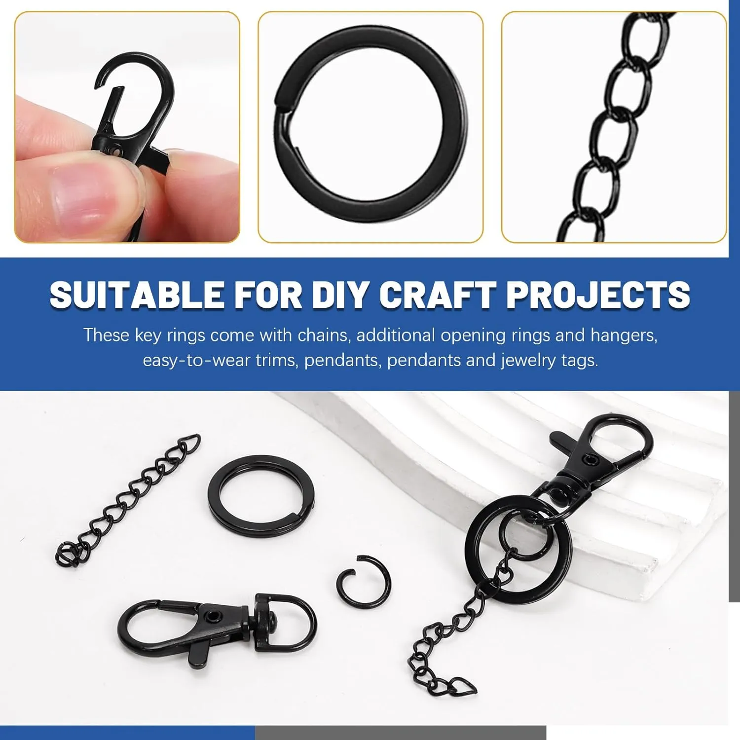 Glarks 125pcs Black Keychain Making Kit, Keychain Craft Supplies Including Key Chain Clips with Chains, Lobster Claw Clasps, Key Rings and Jump Rings for Jewelry Craft Making