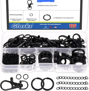 Glarks 125pcs Black Keychain Making Kit, Keychain Craft Supplies Including Key Chain Clips with Chains, Lobster Claw Clasps, Key Rings and Jump Rings for Jewelry Craft Making