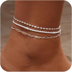Gold Ankle Bracelets for women,14k Gold/Silver Plated Waterproof Layered lightweight Cuban Link Figaro Chain Heart anklet butterfly anklet Pearl Ankle Bracelets Set Gold Anklets for women Trendy Jewelry Gift for Women