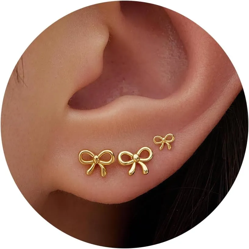 Gold Bow Earrings for Women, Cute Hypoallergenic Small Studs for Sensitive Ears, 3 Pairs Small Bow Jewelry Gifts