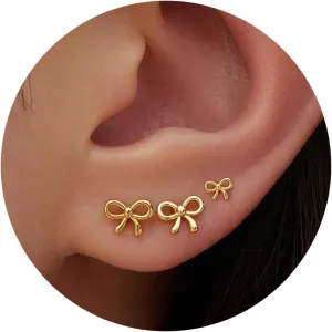 Gold Bow Earrings for Women, Cute Hypoallergenic Small Studs for Sensitive Ears, 3 Pairs Small Bow Jewelry Gifts