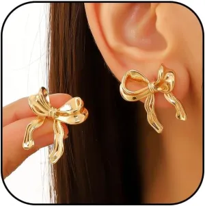 Gold Bow Earrings for Women Gold Plated Chunky Bow Stud Earrings Trendy Ribbon Stud Earrings Gold Statement Earrings for Women Prom Party Jewelry