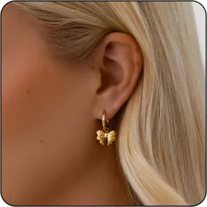 Gold Bow Earrings Pink Small Classic Bow Stud Earrings for Women Dainty Pearl Bow Dangle Earrings Hypoallergenic Gold Earrings Christmas Bow Earring for Women