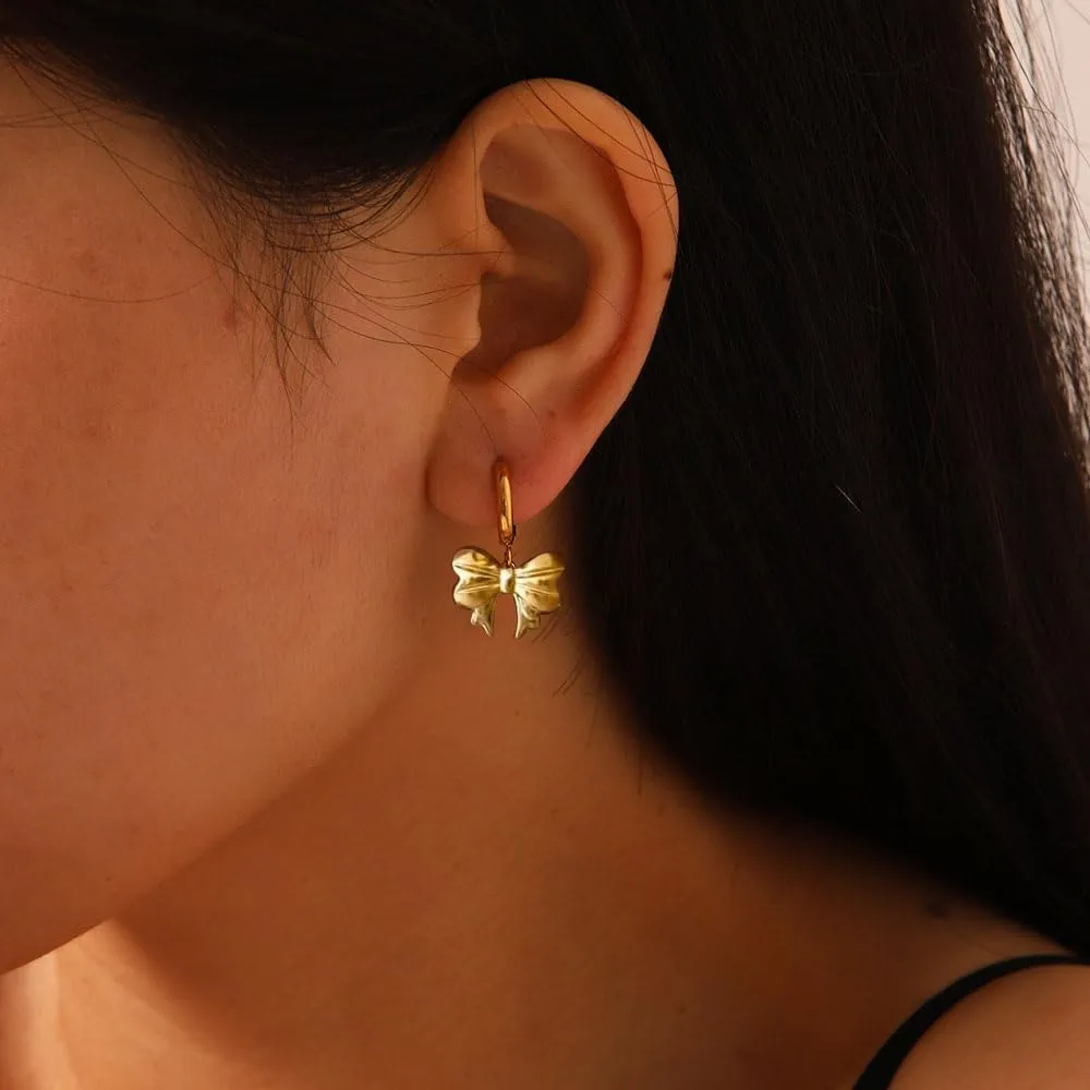 Gold Bow Earrings Pink Small Classic Bow Stud Earrings for Women Dainty Pearl Bow Dangle Earrings Hypoallergenic Gold Earrings Christmas Bow Earring for Women