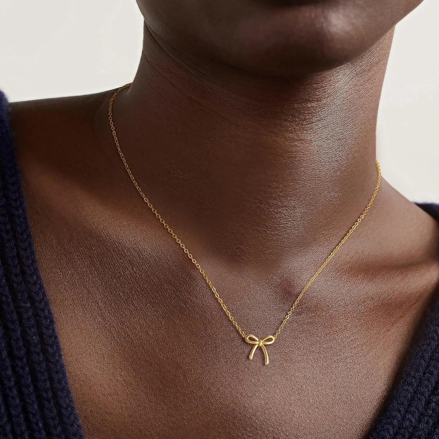 Gold Bow Necklace for Women, 14K Gold Plated Bowknot Pendant Choker Chain Necklace, Small Dainty Beaded Zircon Pearl Bow Necklaces Trendy Jewelry for Women