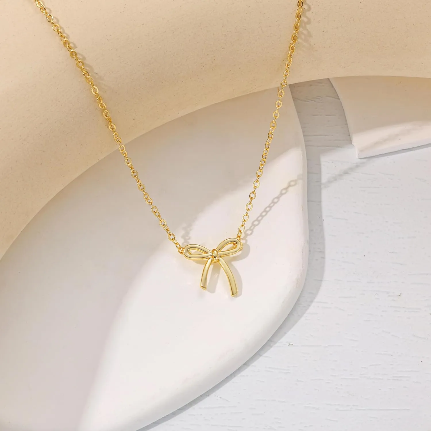 Gold Bow Necklace for Women, 14K Gold Plated Bowknot Pendant Choker Chain Necklace, Small Dainty Beaded Zircon Pearl Bow Necklaces Trendy Jewelry for Women