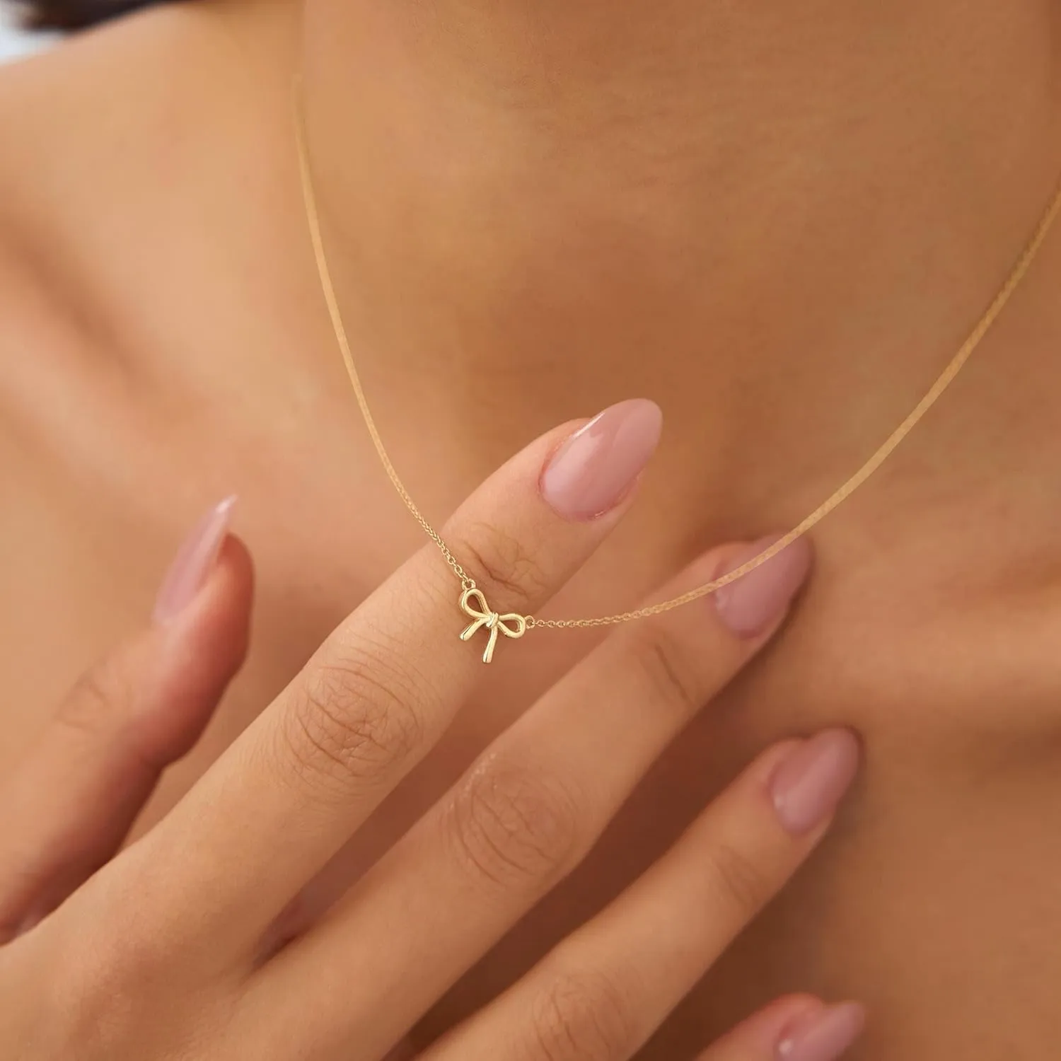 Gold Bow Necklace for Women, 14K Gold Plated Bowknot Pendant Choker Chain Necklace, Small Dainty Beaded Zircon Pearl Bow Necklaces Trendy Jewelry for Women