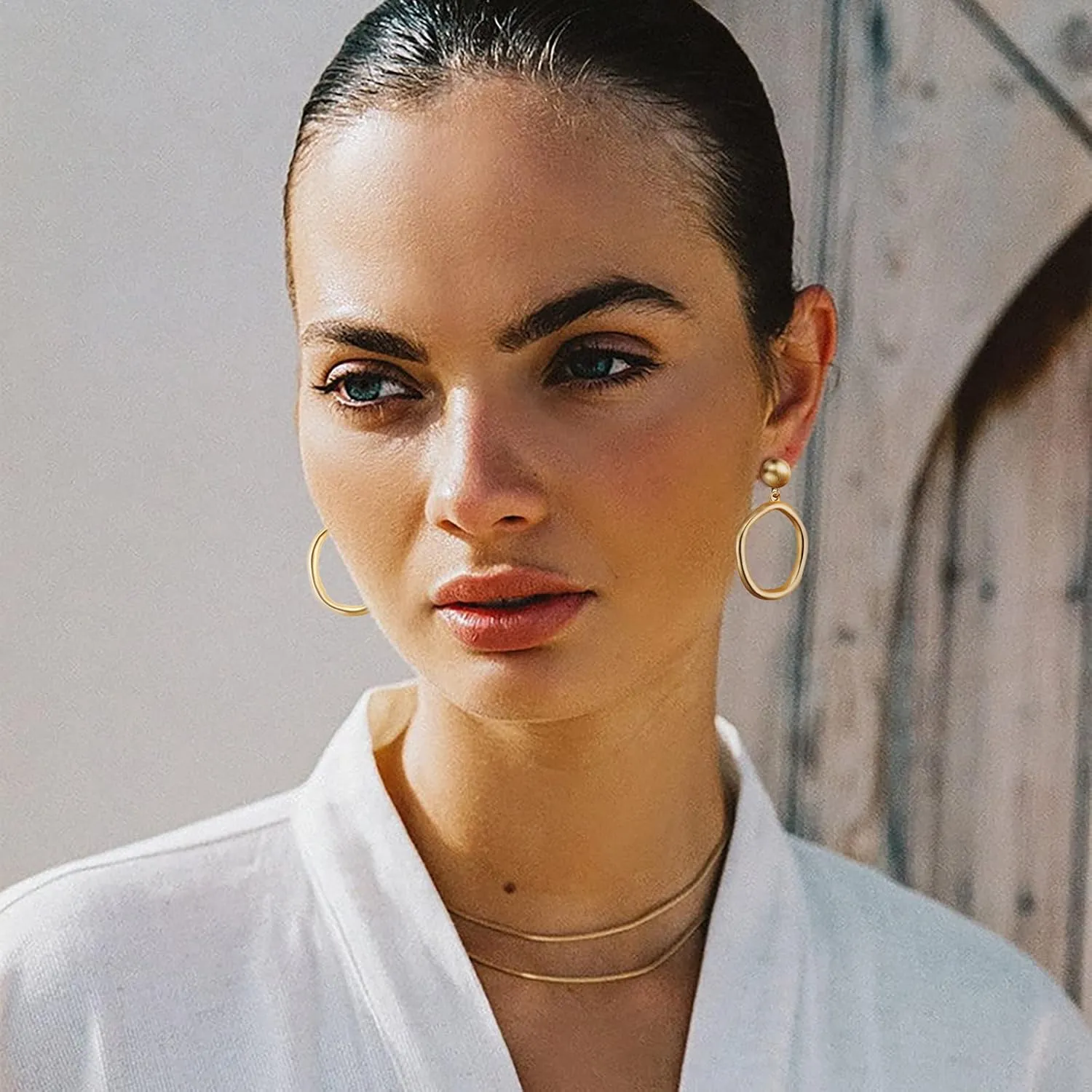 Gold Earrings for Women 14k Gold Plated Threaded Pearl Drop Earrings Hypoallergenic Dainty Baroque Pearl Geometric Rectangle Waterdrop Dangle Statement Earrings for Women Trendy
