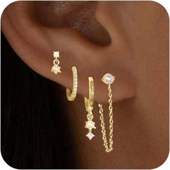 Gold Earrings for Women Trendy,Dainty Dangle Earrings 14K Gold Plated Huggie Hoop Earrings Hypoallergenic Cartilage Earring Set Cute Drop Dangle Earrings Simple Cross Heart Earrings Jewelry